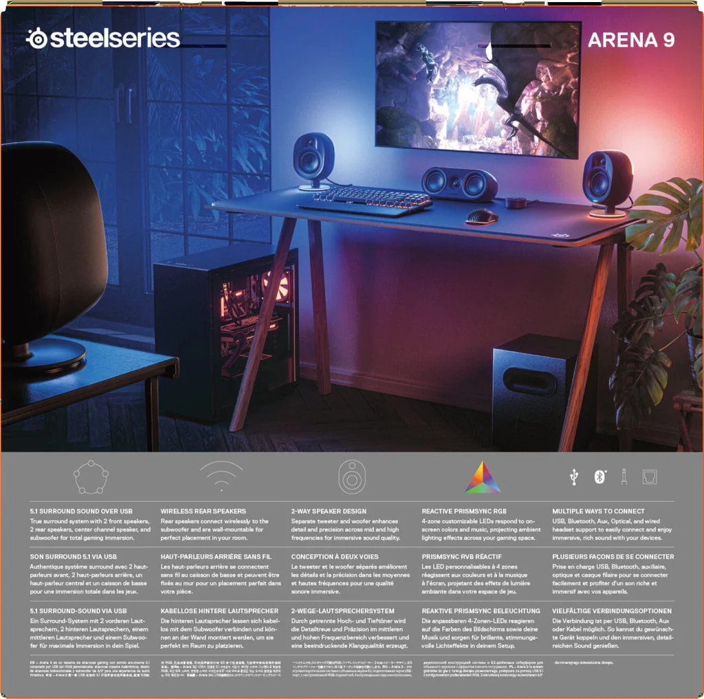 STEELSERIES ARENA 9 ILLUMINATED 5.1 DESKTOP GAMING SPEAKERS – 5.1 USB SURROUND SOUND – WIRELESS REAR SPEAKERS – 2-WAY SPEAKER DESIGN – SUBWOOFER – RGB LIGHT, BLUETOOTH – PC, PLAYSTATION, MOBILE, MAC