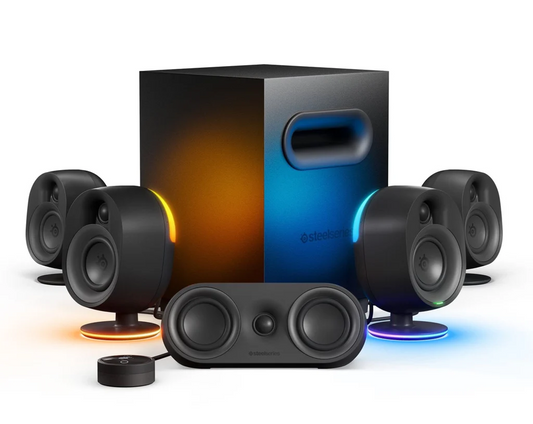 STEELSERIES ARENA 9 ILLUMINATED 5.1 DESKTOP GAMING SPEAKERS – 5.1 USB SURROUND SOUND – WIRELESS REAR SPEAKERS – 2-WAY SPEAKER DESIGN – SUBWOOFER – RGB LIGHT, BLUETOOTH – PC, PLAYSTATION, MOBILE, MAC