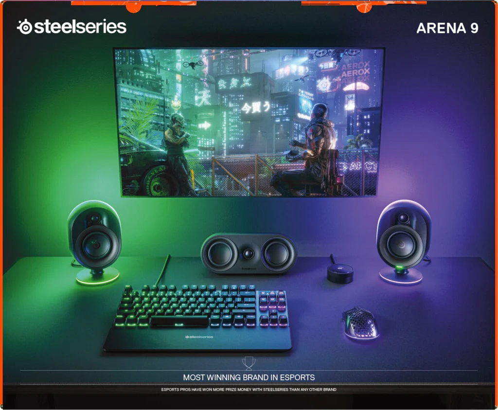 STEELSERIES ARENA 9 ILLUMINATED 5.1 DESKTOP GAMING SPEAKERS – 5.1 USB SURROUND SOUND – WIRELESS REAR SPEAKERS – 2-WAY SPEAKER DESIGN – SUBWOOFER – RGB LIGHT, BLUETOOTH – PC, PLAYSTATION, MOBILE, MAC